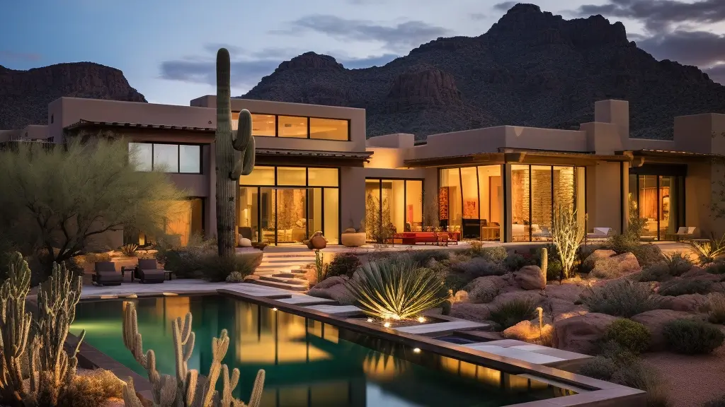 A custom construction home with infinity edge pool in Tucson Arizona at sunset